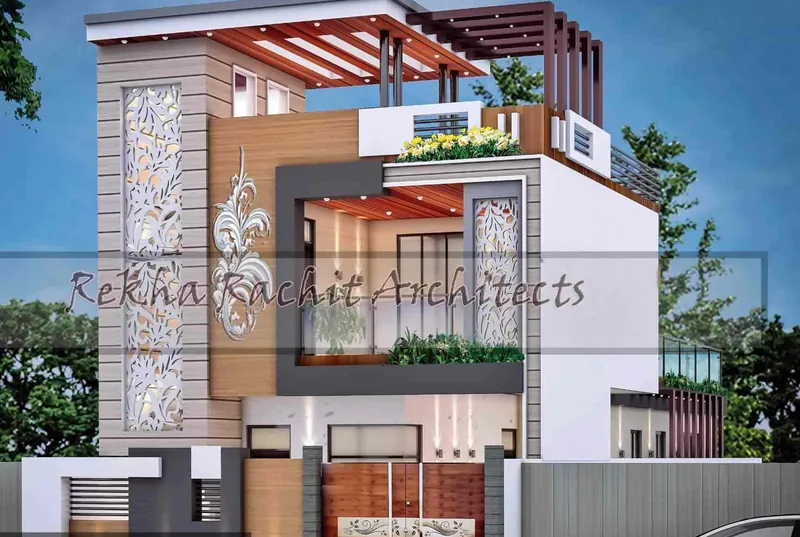Residence with Ornamental Jali and Terrace Pergola: design render by Rekha Rachit Architects