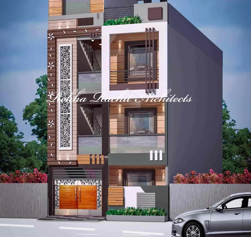 Narrow-Plot Four-Storey Residence: design render by Rekha Rachit Architects