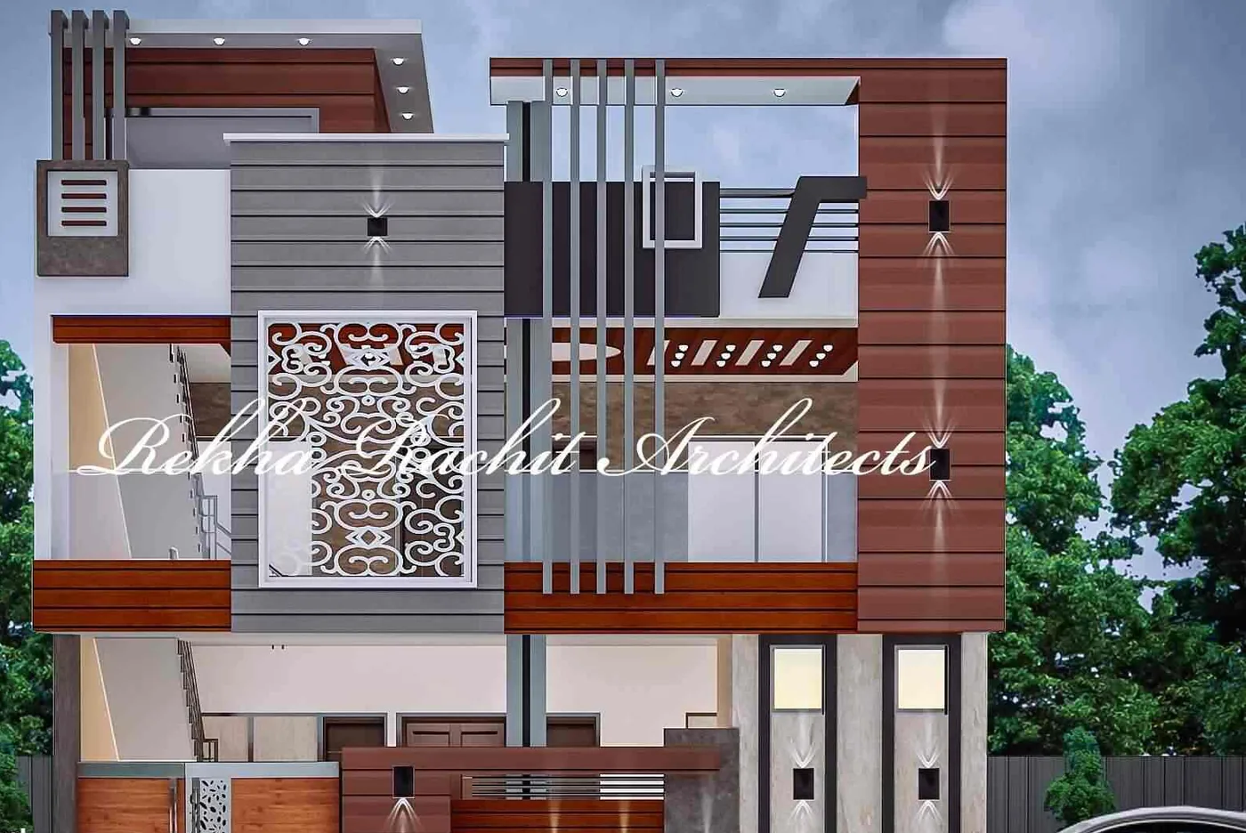 Residence with Vertical Fins and Central Jali Panel: design render by Rekha Rachit Architects
