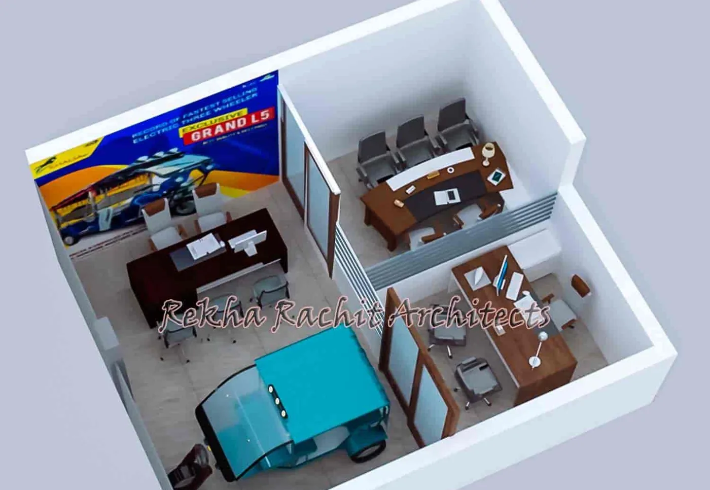 Commercial Office Layout in Cutaway View: design render by Rekha Rachit Architects