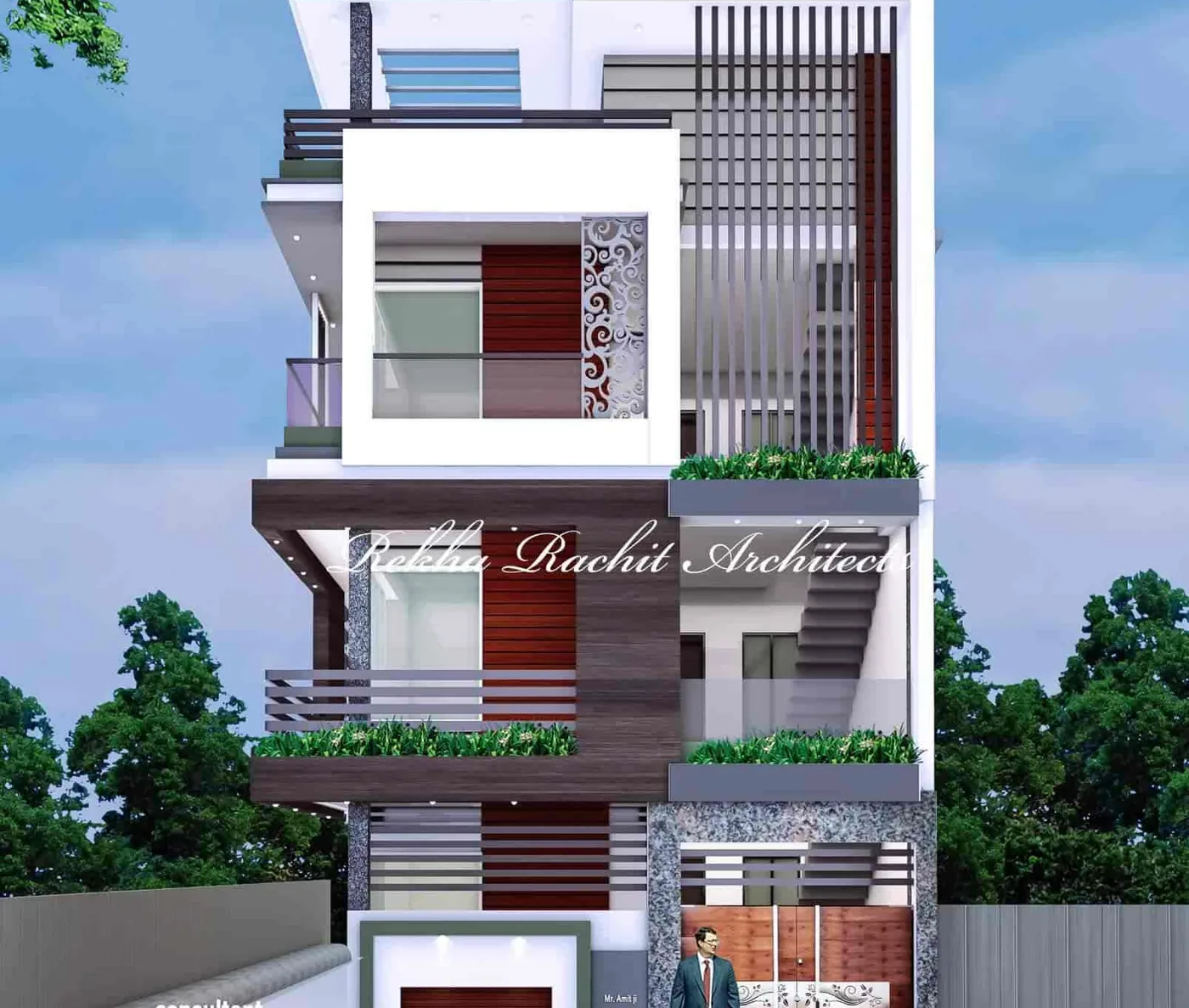 Contemporary Residence with Framed Balcony and Louvres: design render by Rekha Rachit Architects