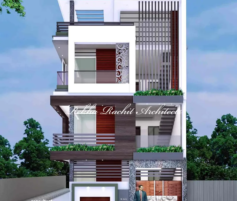 Contemporary Residence with Framed Balcony and Louvres: design render by Rekha Rachit Architects