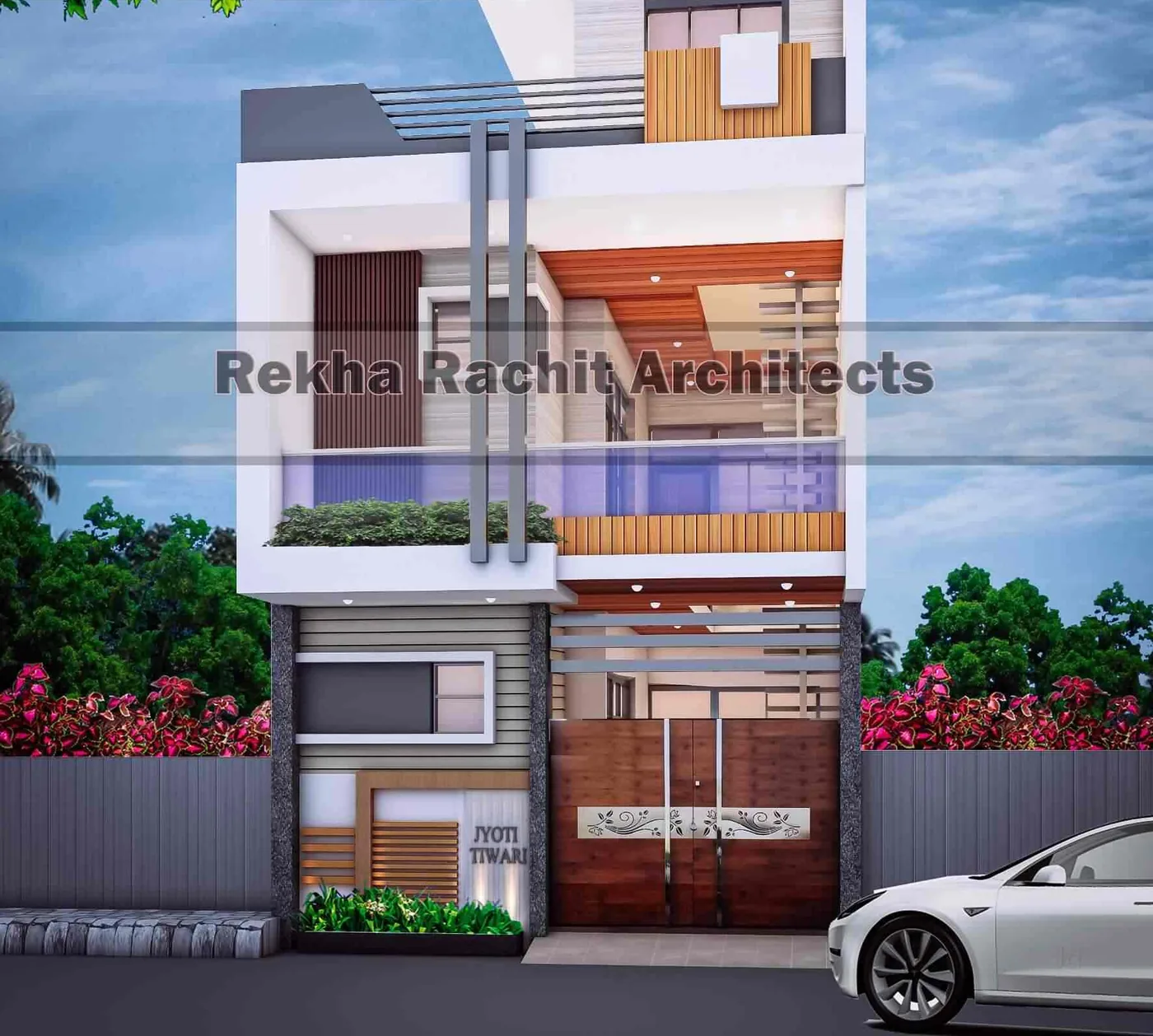 Slim Residence with White Frame and Vertical Fins: design render by Rekha Rachit Architects