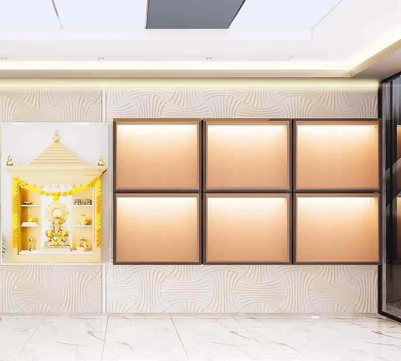 Pooja Niche with Backlit Panel Wall: design render by Rekha Rachit Architects