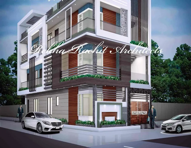 Corner-Plot Residence with Wraparound Balconies: design render by Rekha Rachit Architects