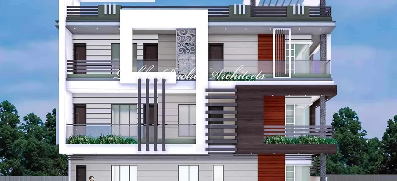 Residence with Square Frame and Horizontal Bands: design render by Rekha Rachit Architects