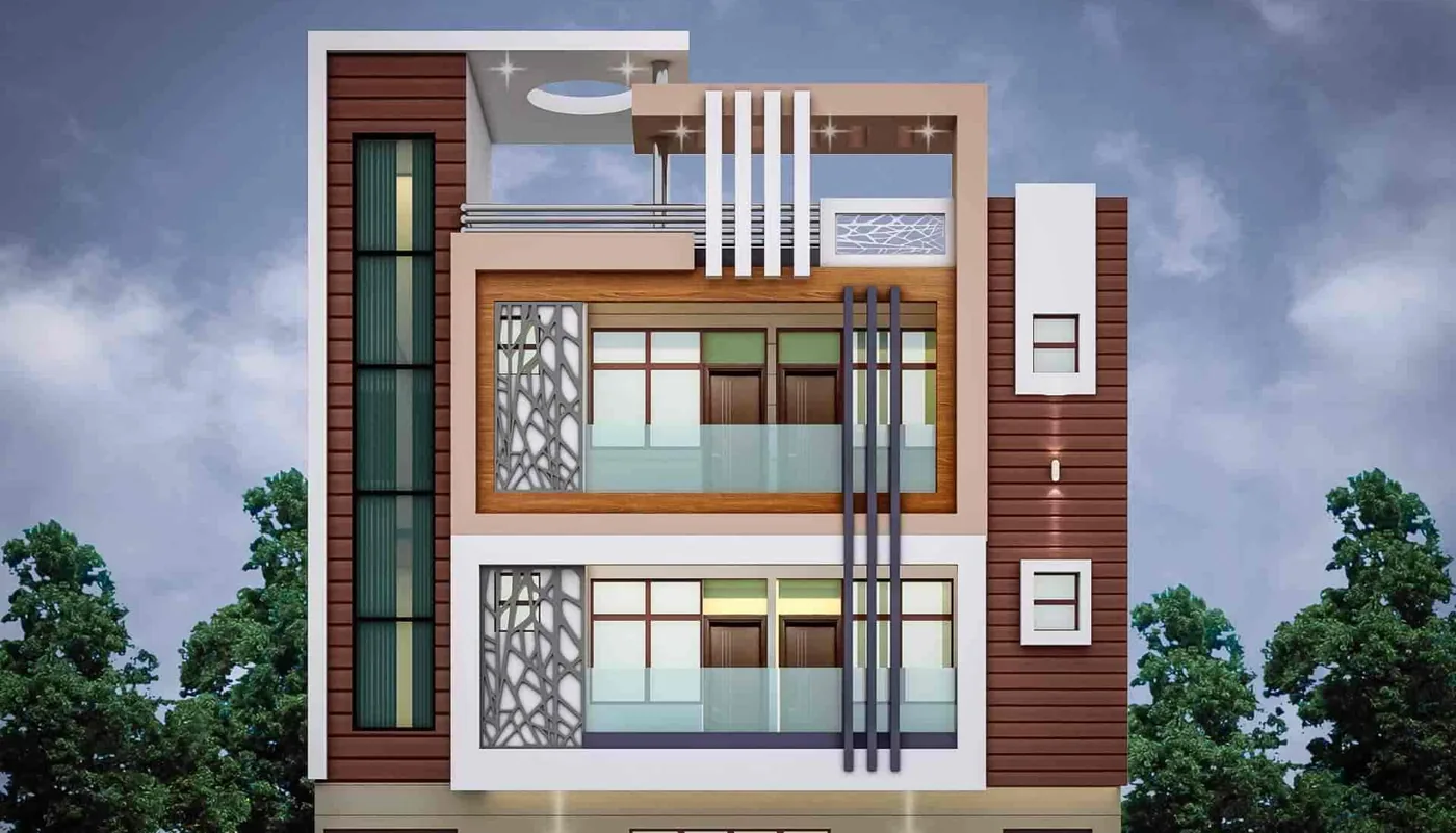 Residence with Glazed Strip and Jali Panels: design render by Rekha Rachit Architects
