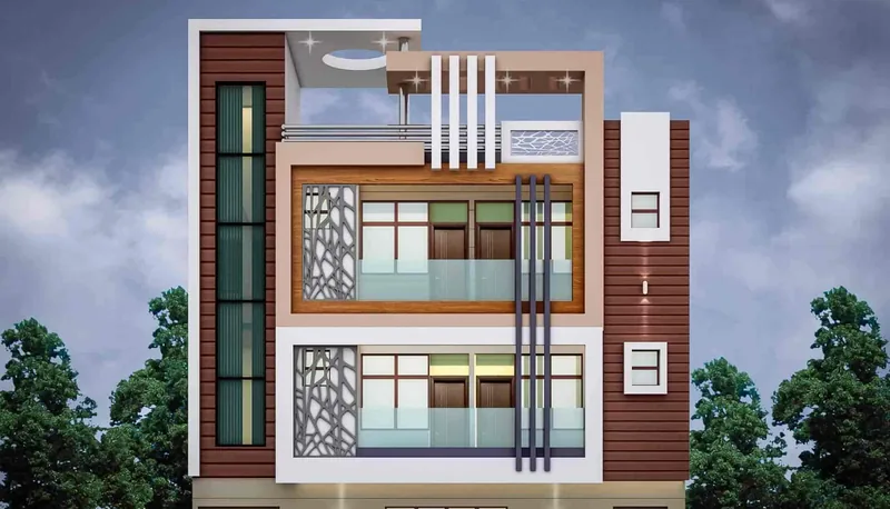 Residence with Glazed Strip and Jali Panels: design render by Rekha Rachit Architects