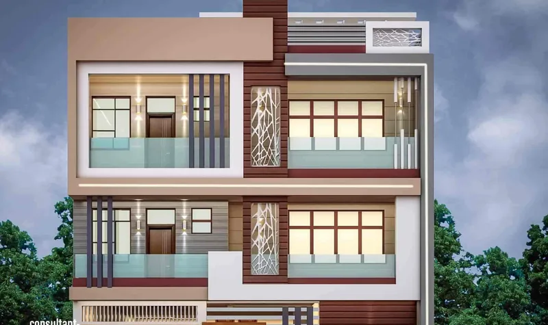 Residence with Glass Balconies and Jali Strip: design render by Rekha Rachit Architects