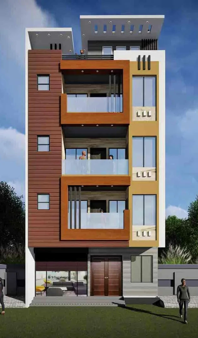 Four-Storey Residential Building with Colour-Blocked Balconies: design render by Rekha Rachit Architects