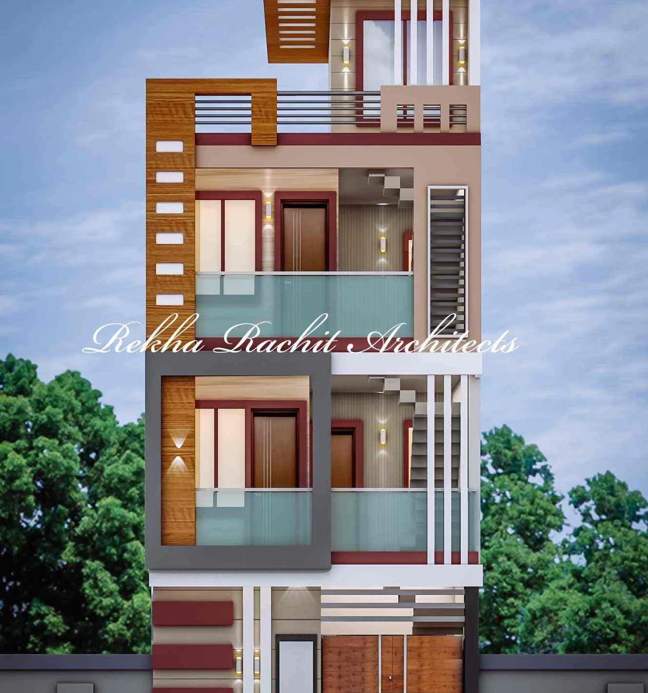 Narrow Residence with Orange and White Facade: design render by Rekha Rachit Architects