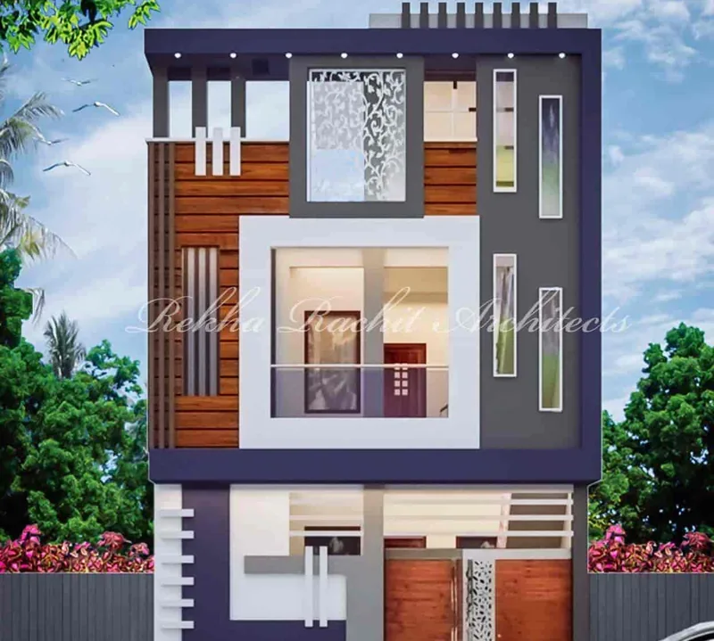 Residence with Navy Frame and Jali Window: design render by Rekha Rachit Architects