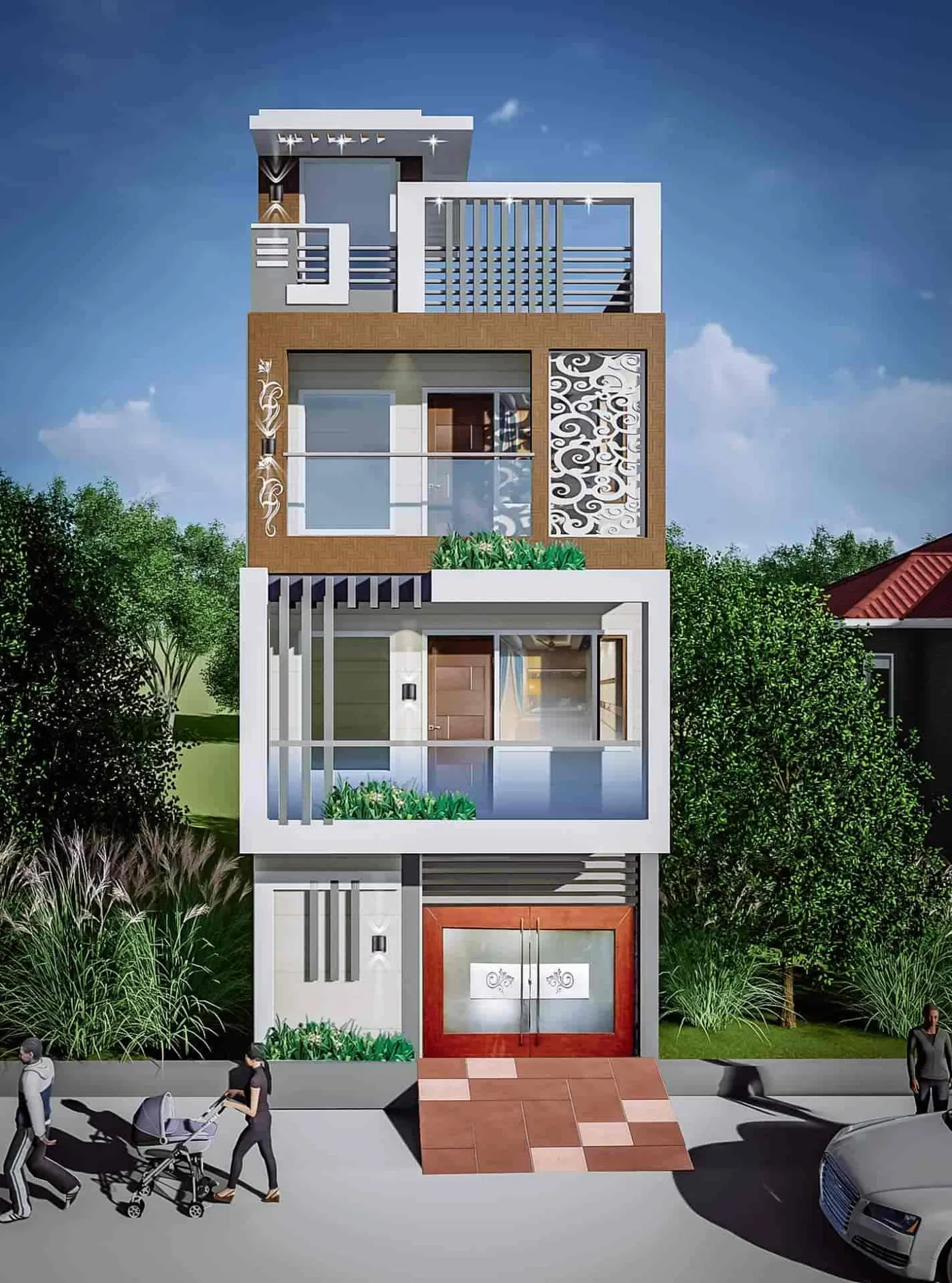Slim Four-Storey Residence with Street-Level Entrance: design render by Rekha Rachit Architects