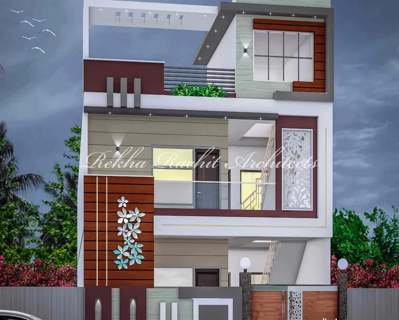 Residence with Flower-Motif Wood Panel: design render by Rekha Rachit Architects
