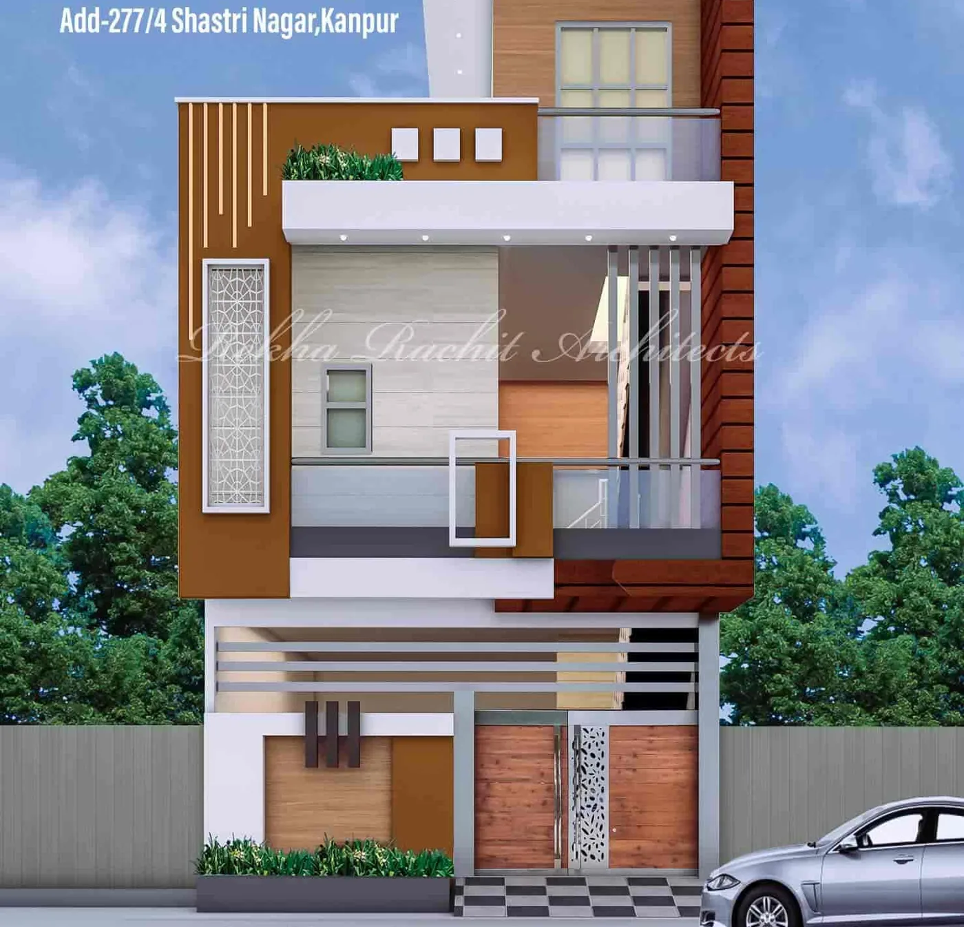 Residence with Orange Wood-Finish Band: design render by Rekha Rachit Architects