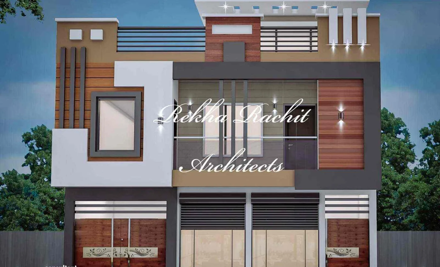 Two-Storey Building with Ground-Floor Shops: design render by Rekha Rachit Architects