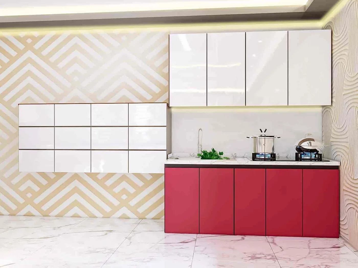 Pantry with Red Base Units and Chevron Wall: design render by Rekha Rachit Architects