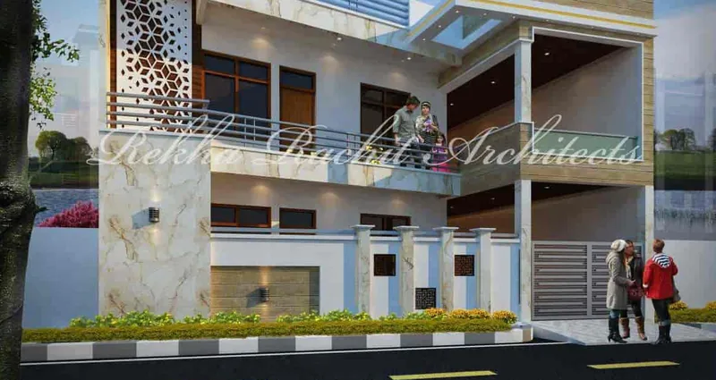 Wide Two-Storey Residence with Ivory Stone Wall: design render by Rekha Rachit Architects