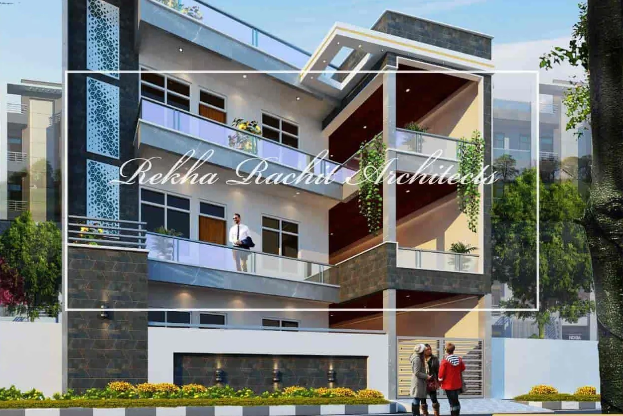 Residence with Grey Stone Cladding and Glass Balconies: design render by Rekha Rachit Architects