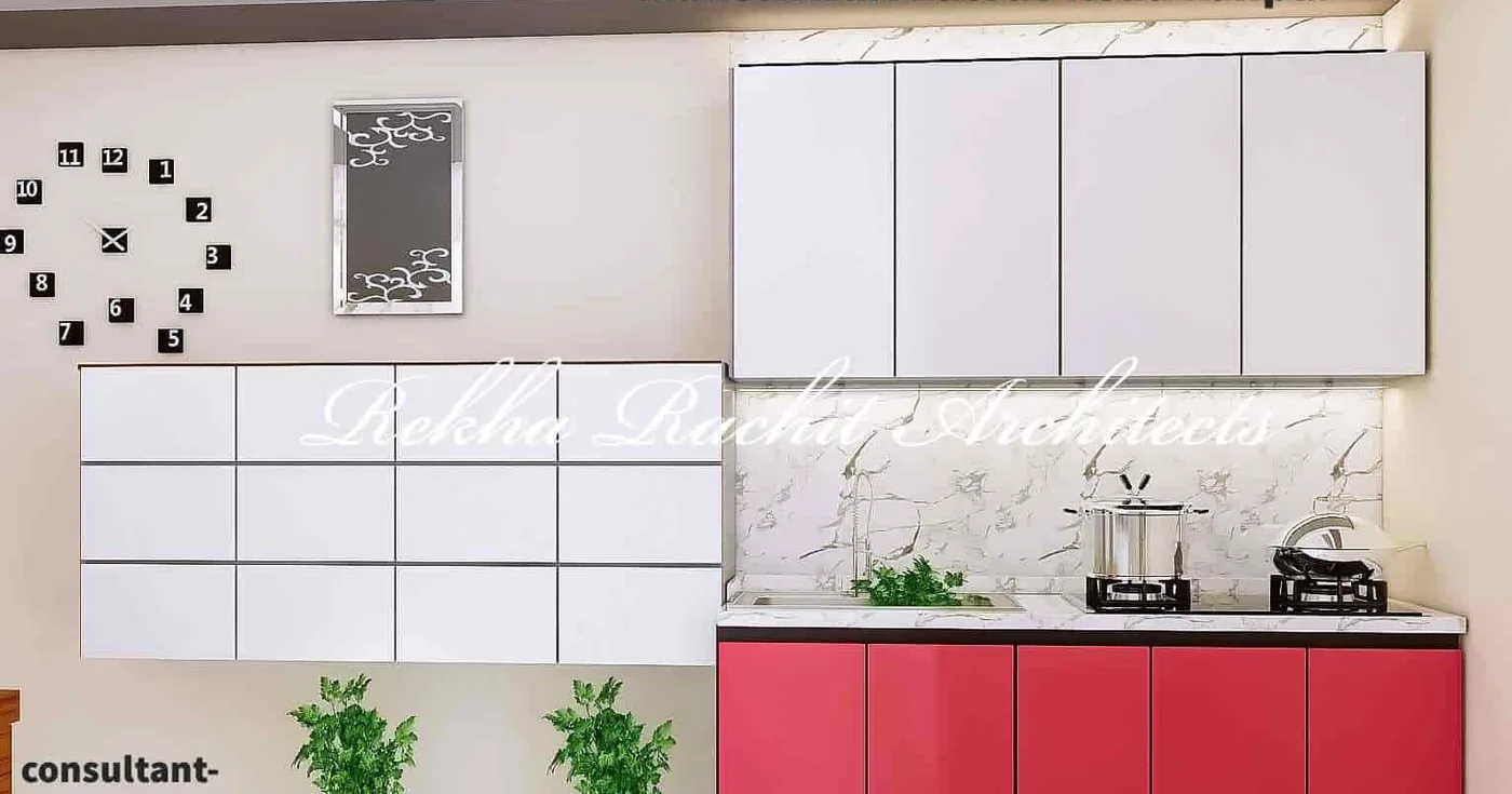 Office Pantry with White Cabinets and Red Base Units: design render by Rekha Rachit Architects