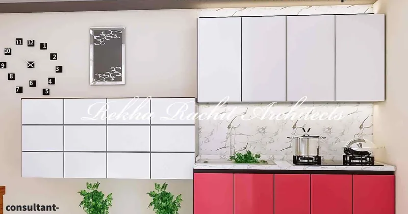 Office Pantry with White Cabinets and Red Base Units: design render by Rekha Rachit Architects
