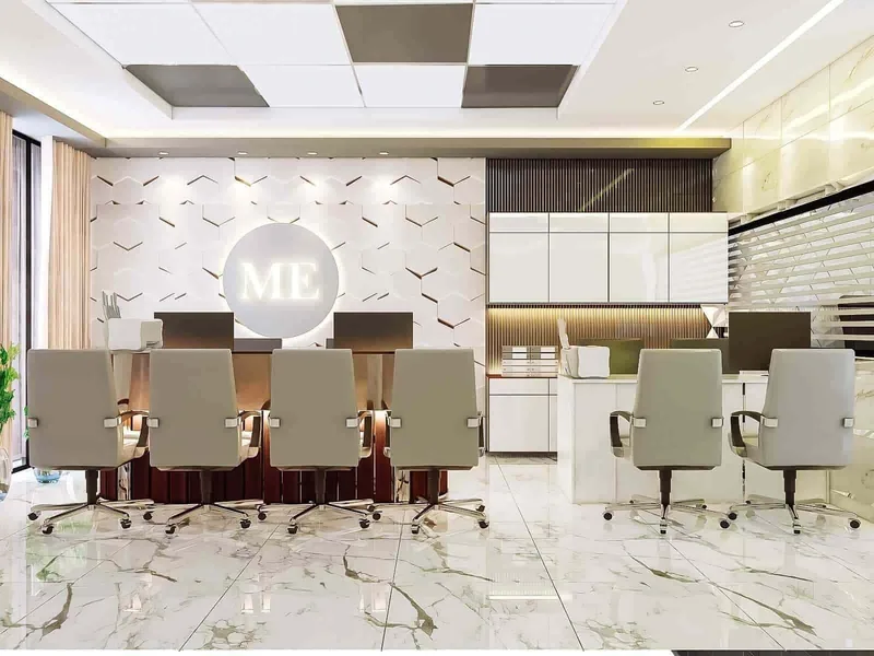 Office Workstation Hall with Hexagon-Pattern Wall: design render by Rekha Rachit Architects