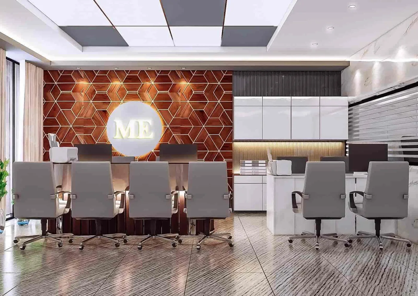 Office Workstation Hall with Wood Hexagon Wall: design render by Rekha Rachit Architects