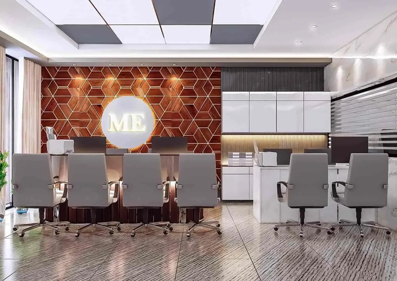 Office Workstation Hall with Wood Hexagon Wall: design render by Rekha Rachit Architects