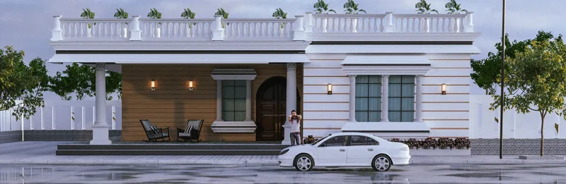 Single-Storey Residence with Columned Porch: design render by Rekha Rachit Architects
