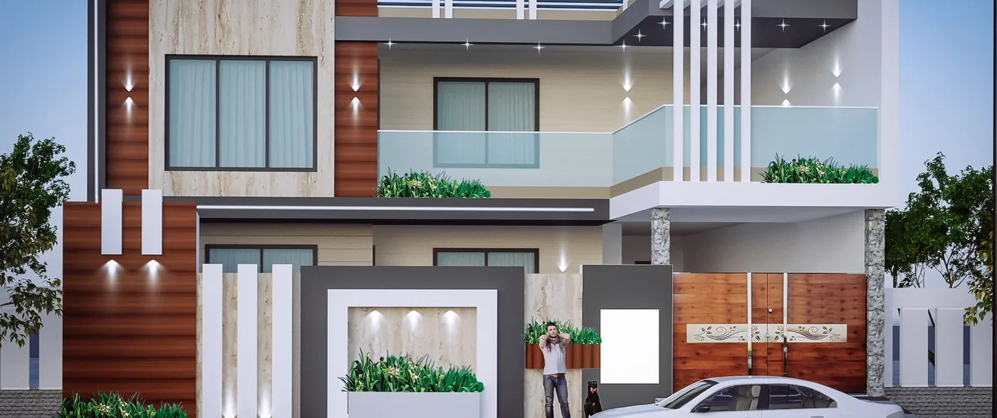 Wide-Frontage Residence with Landscaped Entry: design render by Rekha Rachit Architects