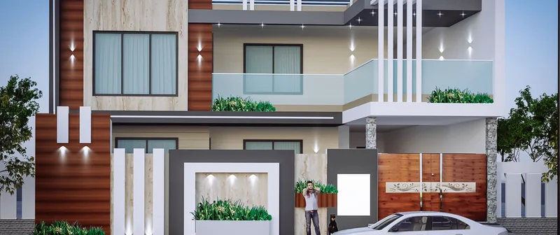 Wide-Frontage Residence with Landscaped Entry: design render by Rekha Rachit Architects