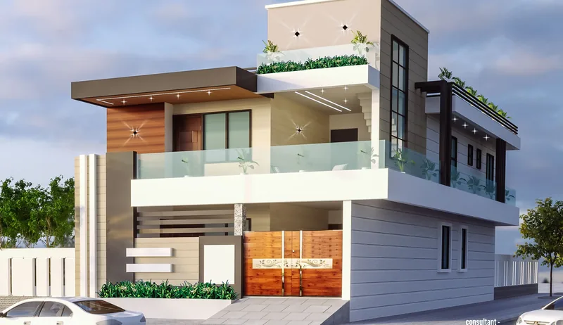 Corner Residence with Glass-Balustrade Balcony: design render by Rekha Rachit Architects