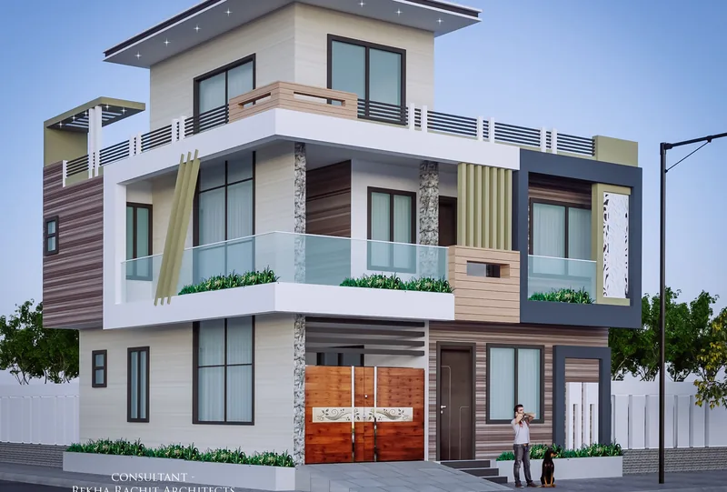 Corner-Plot Residence in Layered Textures: design render by Rekha Rachit Architects