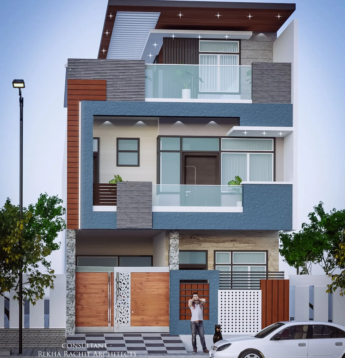 Residence with Blue Accent Walls: design render by Rekha Rachit Architects