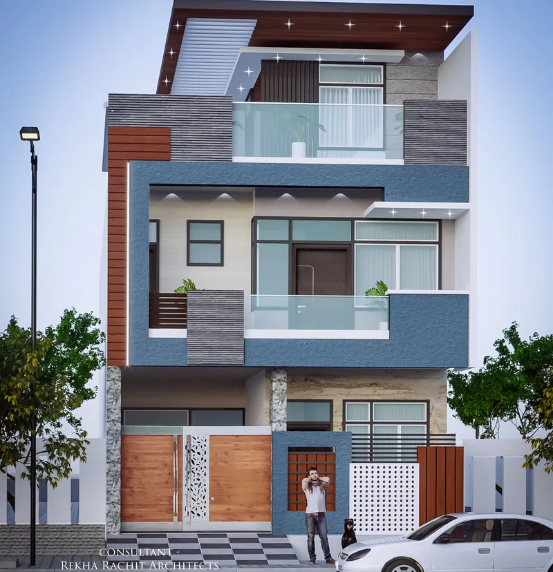 Residence with Blue Accent Walls: design render by Rekha Rachit Architects