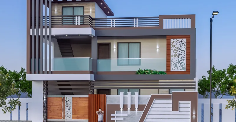 Residence with External Stair and Glass Balcony: design render by Rekha Rachit Architects