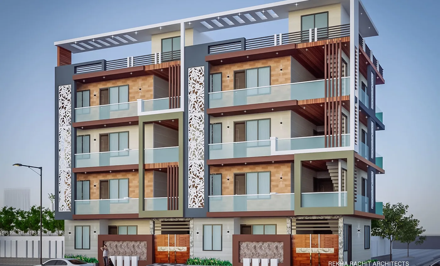 Four-Storey Apartment Building with Balconies: design render by Rekha Rachit Architects