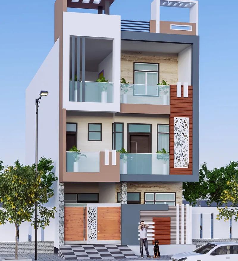 Residence in White and Wood with Glass Balcony: design render by Rekha Rachit Architects