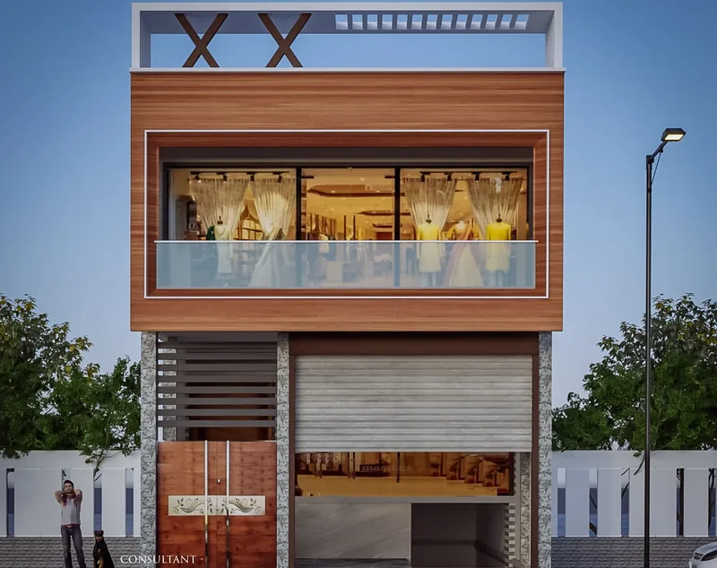 Showroom Frontage with Residence Above: design render by Rekha Rachit Architects