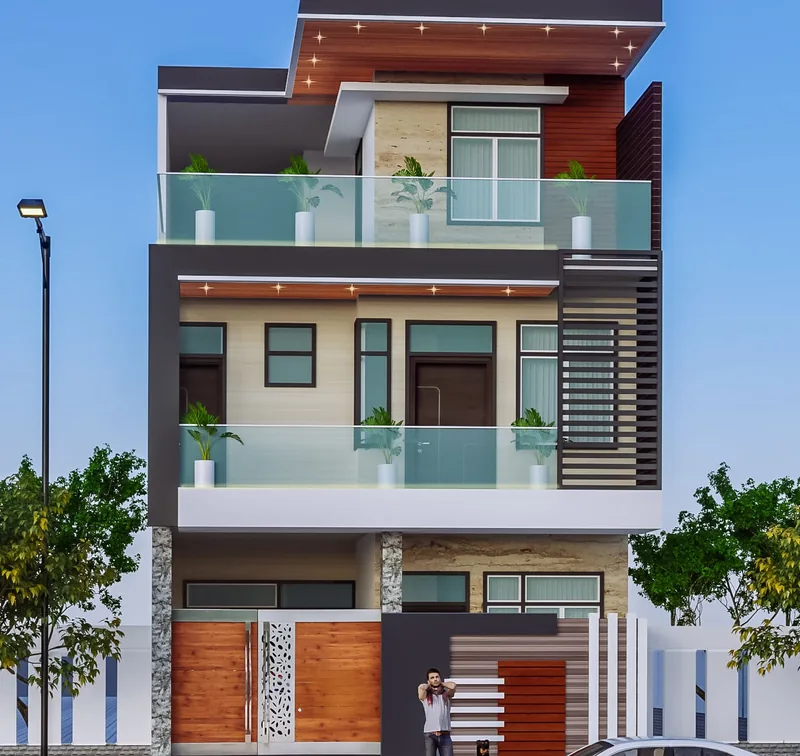 Residence with Glass Balconies and Timber Canopy: design render by Rekha Rachit Architects