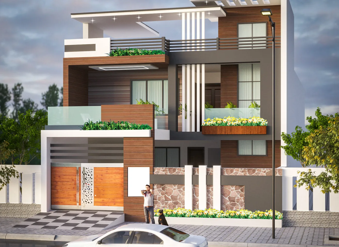 Residence with Stone-Clad Gateway: design render by Rekha Rachit Architects